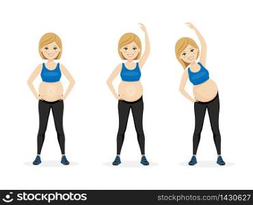 Young pregnancy woman. Fitness healthy lifestyle. Prenatal exercise. Isolated vector illustration