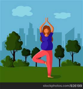 Young pregnant woman doing yoga in park outdoor, girl is in yoga position doing exercise and meditation, landscape background. Female character in flat style, vector illustration. Yoga Different People