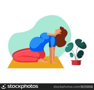 Young pregnant woman doing yoga on mat, pretty girl in yoga pose doing exercise and meditation. Female character in flat style. Isolated figure and potted flower, vector illustration. Yoga Different People