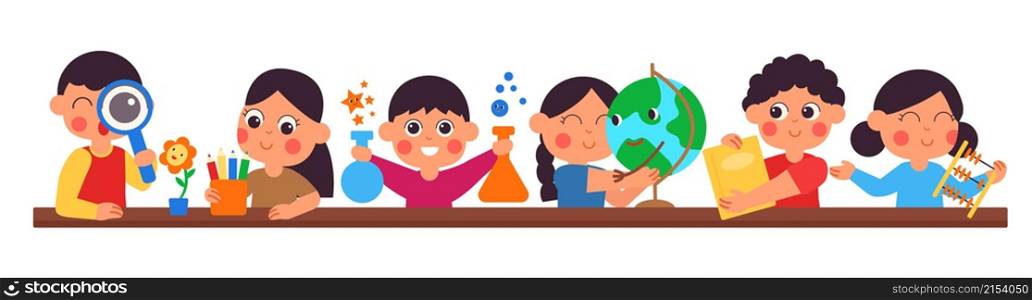 Young preschool kids. Children hold different objects, cute cartoon kid sitting at desk. Kindergarten education or game process decent vector scene. Illustration girl young and preschool education. Young preschool kids. Children hold different objects, cute cartoon kid sitting at desk. Kindergarten education or game process decent vector scene