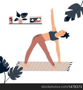 Young pretty girl doing yoga at home. Vector illustration in a flat style. Young pretty girl doing yoga at home