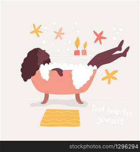 Young pretty girl taking bath and enjoying time alone. Vector illustration in a flat style. Young pretty girl taking bath and enjoying time