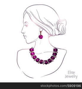 Young pretty woman head silhouette necklace and earrings jewelry vector illustration. Woman And Jewelry