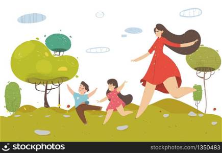 Young Pretty Woman Walking with Little Children Boy and Girl in Public City Park at Sunny Day. Mother, Son and Daughter Happy Family Togetherness, Love, Relations. Cartoon Flat Vector Illustration. Young Pretty Woman Walking with Little Children