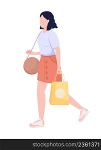 Young pretty woman with boutique shopping bag semi flat color vector character. Walking figure. Full body person on white. Simple cartoon style illustration for web graphic design and animation. Young pretty woman with boutique shopping bag semi flat color vector character