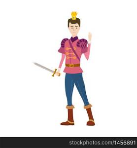 Young Prince with crown in medieval fairytale costume and sword. Young Prince with crown in medieval fairytale costume and sword. Royal aristocrat character vector illustration isolated