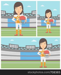 Young professional rugby player holding ball and helmet in hands. Female rugby player in uniform standing on rugby stadium. Vector flat design illustration. Square, horizontal, vertical layouts.. Rugby player with ball and helmet in hands.