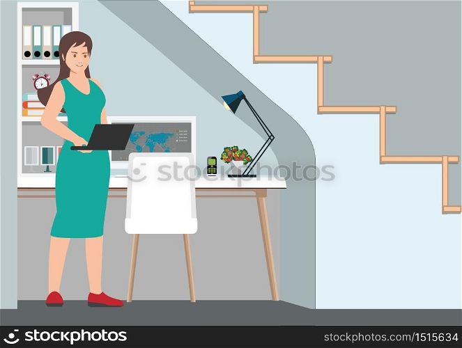 Young professional woman working from home at her desk at home. Workplace with a computer under the stairs. Self employed conceptual vector illustration.