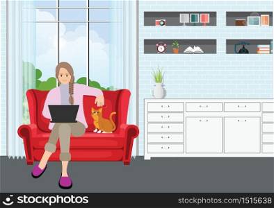 Young professional woman working from home at sofa with laptop.Self employed conceptual vector illustration.