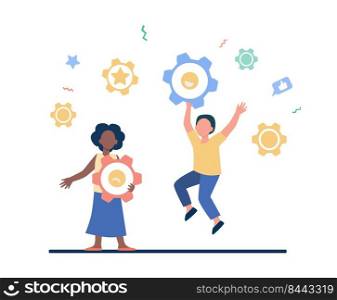 Young professionals celebrating successful startup project. Multinational team. Flat vector illustration. Online business concept can be used for presentation, banner, website design, landing web page