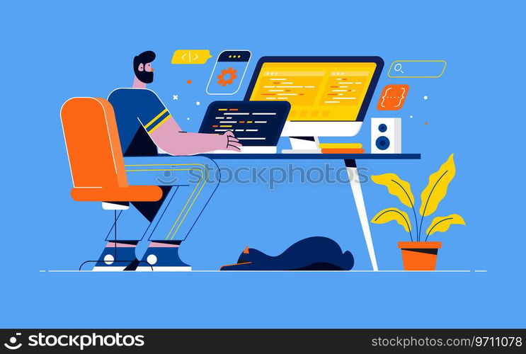 Young programmer concentrated at working project. Developing programming and coding technologies. Screen with codes, developer at work with task. Geek coding software with laptop and pc. Vector illustration