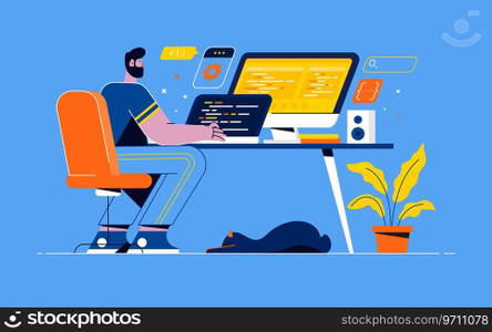 Young programmer concentrated at working project. Developing programming and coding technologies. Screen with codes, developer at work with task. Geek coding software with laptop and pc. Vector illustration