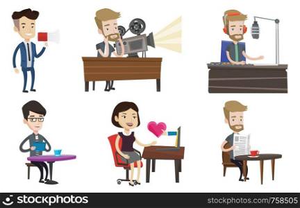 Young radio dj speaking into a microphone. Radio dj working on mixing console. Caucasian man in headset working on a radio station. Set of vector flat design illustrations isolated on white background. Vector set of media people characters.