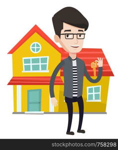 Young real estate agent holding key. Caucasian real estate agent with keys standing on the background of house. Happy new owner of house. Vector flat design illustration isolated on white background.. Real estate agent with key vector illustration.