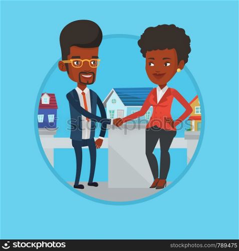 Young realtor shaking hand to customer after real estate deal in office. Conclusion of real estate deal between realtor and buyer. Vector flat design illustration in the circle isolated on background.. Agreement between real estate agent and buyer.