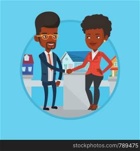 Young realtor shaking hand to customer after real estate deal in office. Conclusion of real estate deal between realtor and buyer. Vector flat design illustration in the circle isolated on background.. Agreement between real estate agent and buyer.