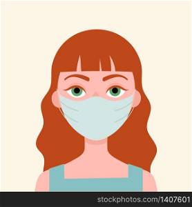 Young red brown woman in medical mask. Concept of protection against viruses, flu, coronavirus. Prevention of an epidemic. Flat vector illustration.