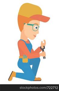 Young repairer sitting with a spanner in hand vector flat design illustration isolated on white background. . Repairer holding spanner.