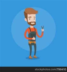Young repairman standing with a spanner in hand. Confident hipster repairman with the beard giving thumb up. Plumber or auto mechanic holding a spanner. Vector flat design illustration. Square layout.. Repairman holding spanner vector illustration.