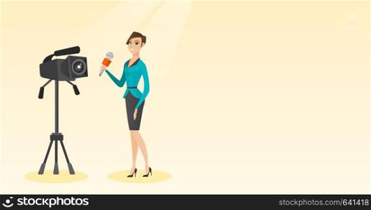 Young reporter standing with a microphone on the background of a camera. Young smiling TV reporter presenting news. TV transmission with a reporter. Vector flat design illustration. Horizontal layout.. TV reporter with a microphone and a camera.