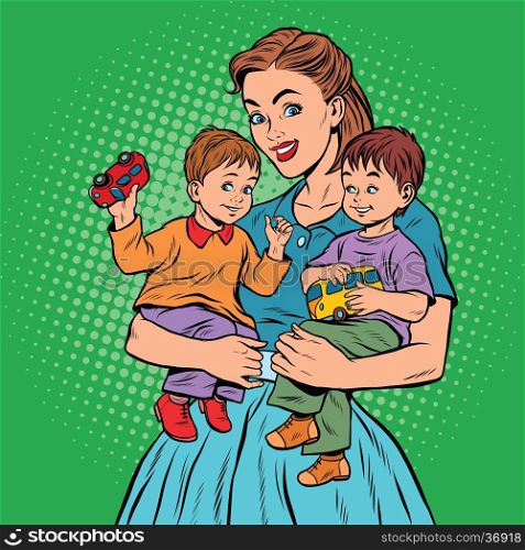 Young retro mom with two children boys, pop art retro vector illustration