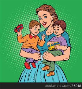 Young retro mom with two children boys, pop art retro vector illustration