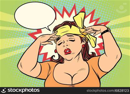 Young retro woman with a headache. Comic book illustration pop art retro color vector. Young retro woman with a headache
