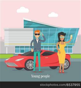Young Rich People Standing Near the Luxury Car.. Young rich people standing near the luxury car. Man speaks on telephone in urban city. Happy young lady making selfie. Skyscraper on the background in flat style design. Vector illustration