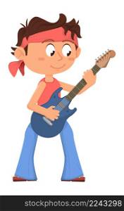 Young rock player. Boy playing on electric guitar. Vector illustration. Young rock player. Boy playing on electric guitar