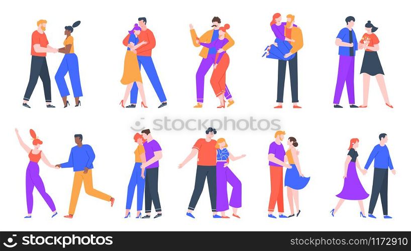 Young romantic couples in love. Happy boyfriend and girlfriend romantic date. Dancing, taking selfies and decided to get married couples. Lovely isolated vector illustration icons set. Young romantic couples in love. Happy boyfriend and girlfriend romantic date. Dancing, taking selfies and decided to get married couples vector illustration set