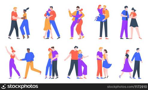 Young romantic couples in love. Happy boyfriend and girlfriend romantic date. Dancing, taking selfies and decided to get married couples. Lovely isolated vector illustration icons set. Young romantic couples in love. Happy boyfriend and girlfriend romantic date. Dancing, taking selfies and decided to get married couples vector illustration set