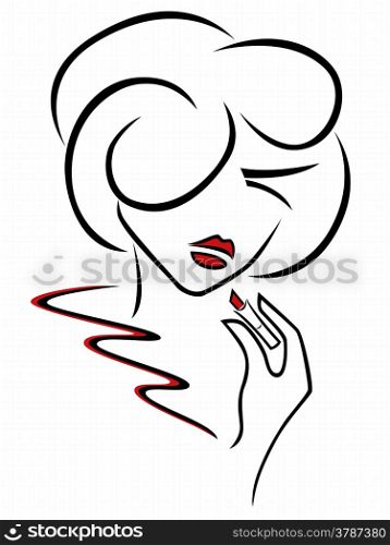 Young romantic woman uses a red lipstick, outline hand drawing sketching vector artwork