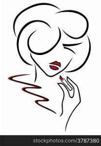 Young romantic woman uses a red lipstick, outline hand drawing sketching vector artwork