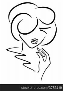 Young romantic woman uses lipstick, outline black over white hand drawing sketching vector artwork