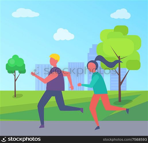 Young runners jogging in park on background of buildings and green trees. Man and woman joggers running together, happy couple outdoors vector illustration. Young Runners Jogging in Park Buildings and Trees
