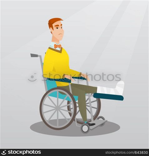Young sad caucasian man with leg in plaster. Injured upset man sitting in a wheelchair with broken leg. Man with fractured leg suffering from pain. Vector flat design illustration. Square layout.. Man with broken leg sitting in a wheelchair.