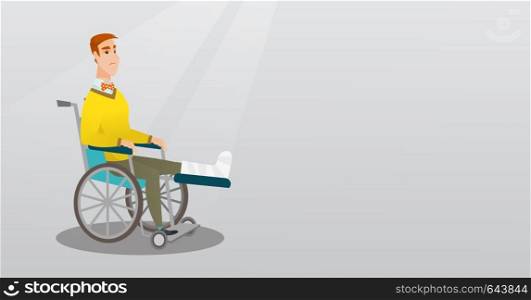 Young sad caucasian man with leg in plaster. Injured upset man sitting in a wheelchair with broken leg. Man with fractured leg suffering from pain. Vector flat design illustration. Horizontal layout.. Man with broken leg sitting in a wheelchair.