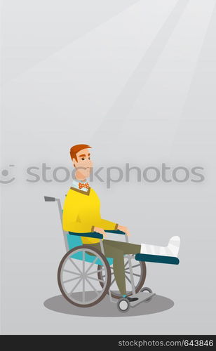 Young sad caucasian man with leg in plaster. Injured upset man sitting in a wheelchair with broken leg. Man with fractured leg suffering from pain. Vector flat design illustration. Vertical layout.. Man with broken leg sitting in a wheelchair.