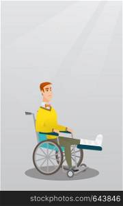 Young sad caucasian man with leg in plaster. Injured upset man sitting in a wheelchair with broken leg. Man with fractured leg suffering from pain. Vector flat design illustration. Vertical layout.. Man with broken leg sitting in a wheelchair.
