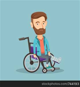 Young sad caucasian man with leg in plaster. Injured upset man sitting in wheelchair with broken leg. Hipster man with fractured leg suffering from pain. Vector flat design illustration. Square layout. Man with broken leg sitting in wheelchair.