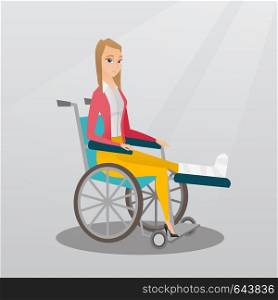 Young sad caucasian woman with leg in plaster. Injured upset woman sitting in a wheelchair with broken leg. Woman with fractured leg suffering from pain. Vector flat design illustration. Square layout. Woman with broken leg sitting in a wheelchair.