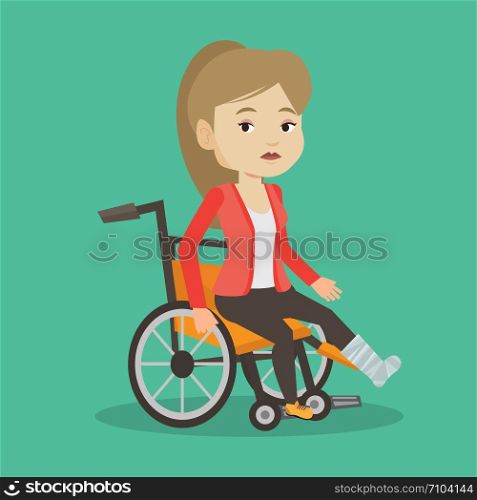 Young sad caucasian woman with leg in plaster. Injured upset woman sitting in wheelchair with broken leg. Woman with fractured leg suffering from pain. Vector flat design illustration. Square layout.. Woman with broken leg sitting in wheelchair.