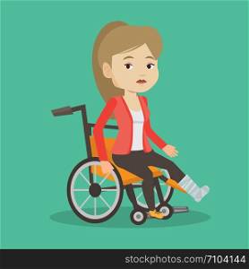 Young sad caucasian woman with leg in plaster. Injured upset woman sitting in wheelchair with broken leg. Woman with fractured leg suffering from pain. Vector flat design illustration. Square layout.. Woman with broken leg sitting in wheelchair.