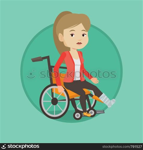 Young sad caucasian woman with leg in plaster. Injured upset woman sitting in wheelchair with broken leg. Woman with fractured leg. Vector flat design illustration in the circle isolated on background. Woman with broken leg sitting in wheelchair.