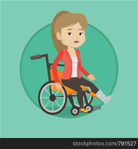 Young sad caucasian woman with leg in plaster. Injured upset woman sitting in wheelchair with broken leg. Woman with fractured leg. Vector flat design illustration in the circle isolated on background. Woman with broken leg sitting in wheelchair.