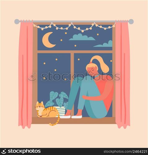 Young sad girl sits on windowsill with cat. Vector woman depression sitting in house near window, beautiful sad lonely illustration. Young sad girl sits on windowsill with cat