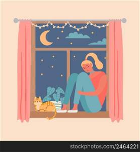Young sad girl sits on windowsill with cat. Vector woman depression sitting in house near window, beautiful sad lonely illustration. Young sad girl sits on windowsill with cat