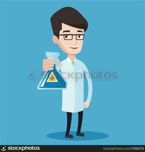 Young scientist holding a flask with biohazard sign. Smiling laboratory assistant in medical gown showing a flask with some liquid in it. Vector flat design illustration. Square layout.. Scientist holding flask with biohazard sign.