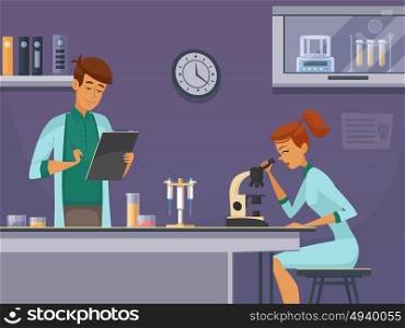 Young Scientists In Lab Composition Poster . Two young scientists in chemistry lab making microscope slides and taking notes retro cartoon poster vector illustration