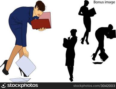 young secretary girl in a strict dark dress is holding a folder with papers. business girl with a folder. business girl with a folder